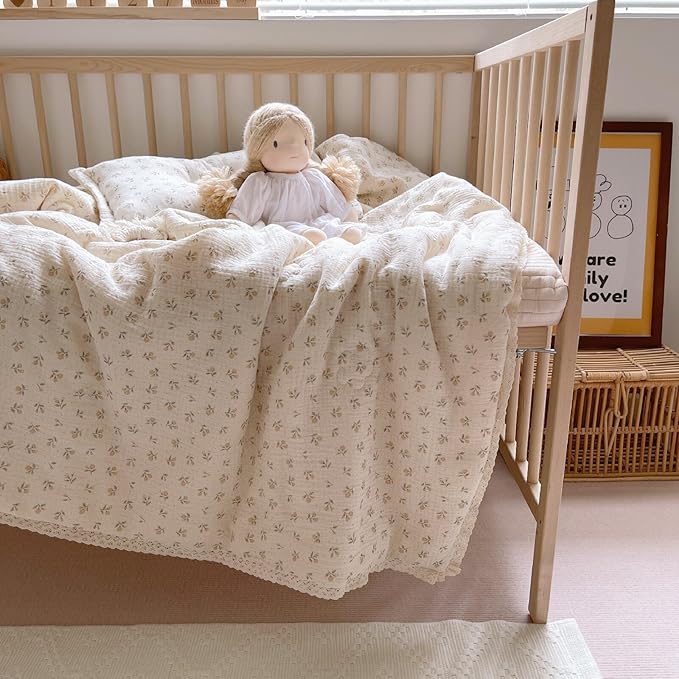 BuLuTu Kids Toddler Comforter Quilted 100% Cotton Toddler Blanket Vintage Floral Print Muslin Quilt for Child Teens Girls Boys, Soft Breathable, Sprout Pattern, 47x59 Inches