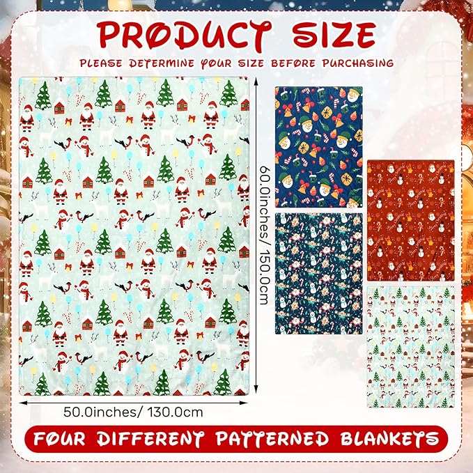 Buryeah 4 Pack Christmas Throw Blankets Bulk Snowman, Igloo, Santa Claus, Bells, Xmas Tree Soft Cozy Christmas Plush Flannel Blanket for Sofa, Bed, Couch, Home Decor Xmas Supplies, 50 x 60 Inches