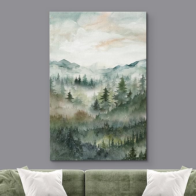 SIGNWIN Canvas Print Wall Art Misty Forest Landscape Watercolor Serene Mountain Pine Trees in Fog Illustrations Modern Art Decorative Landscape for Living Room, Bedroom, Office - 24"x36"