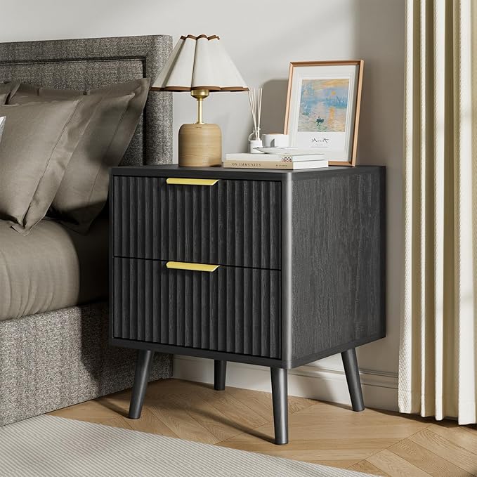 LYNSOM Fluted Dresser and Nightstand Sets 2 Piece, 2-Drawer Nightstands and 7-Drawers Dresser, Wood Bedroom Furniture Set for Home, Bedroom, Hallway, Black
