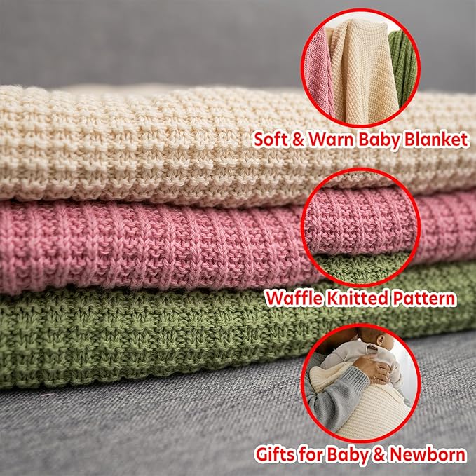 Baby Knit Blanket, 100% Cotton Waffle Patterns, Soft, Cozy, Lightweight Swaddle for Newborn & Infant Swaddling Beige Neutral, Perfect Baby Shower Ideas Cream 30x40