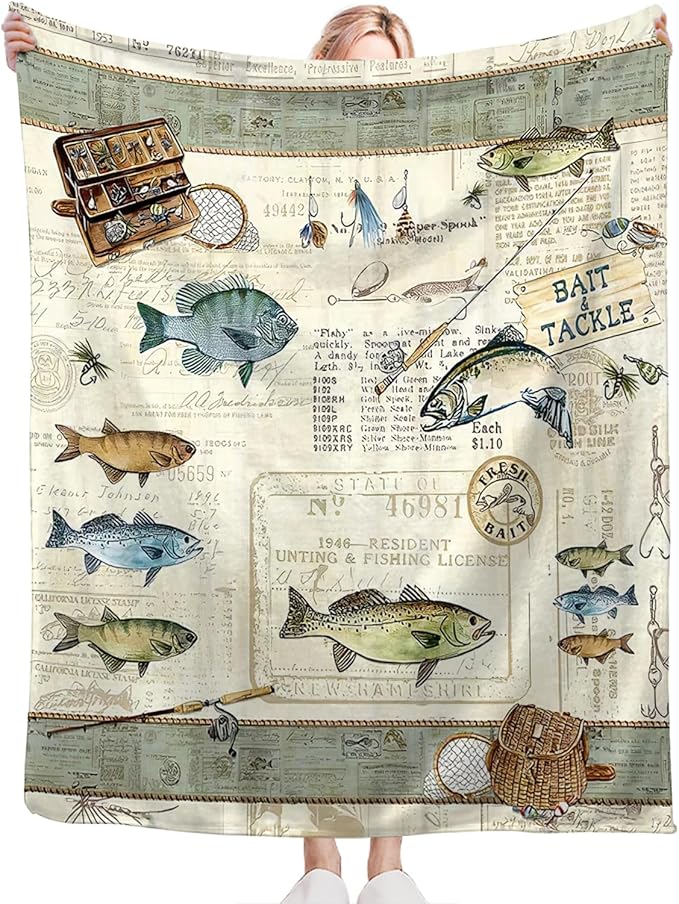 Tijuboni Fishing Throw Blanket Cabin Fishing Gifts for Men Boys Women Girls Adults Kids Soft Flannel Fleece Blanket for Couch Sofa Bed Home Decor 50"x60"