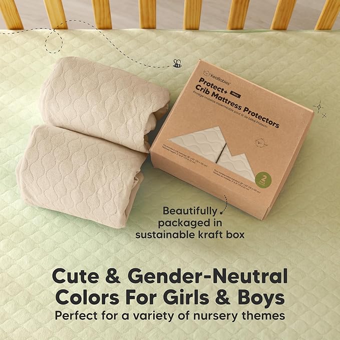Waterproof Crib Mattress Protector Cover Fitted - 2-Pack Quiet Baby Crib Mattress Pad Sheets, 52" x 28" Soft Quilted Cotton Baby Sheet, Machine Washable, Easy Fit, Durable (Oat/Mavy)