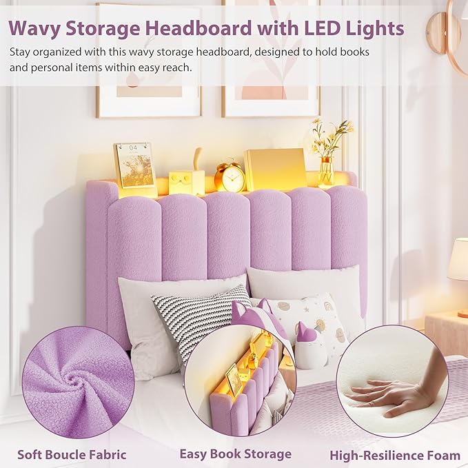 Garvee LED Twin Size Bed Frame with Storage Headboard, Kids Bed Frame with 2 Drawers, Boucle Upholstered Platform Bed for Girls, Chic Wavy Headboard with Bookcase, No Box Spring Needed, Purple