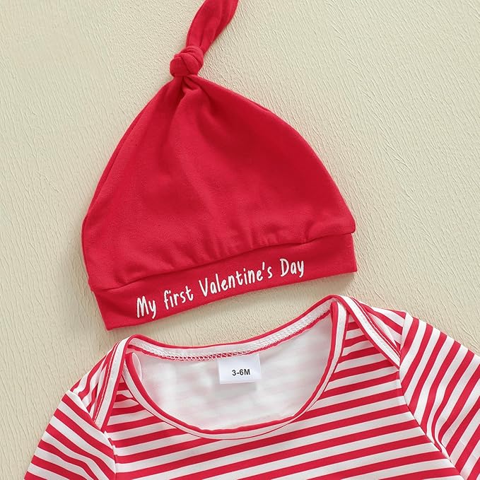 Newborn Infant Baby Boy Valentines Outfit Heart Crusher Long Sleeve Striped Romper + Red Suspender Pants + Hat 3Pcs