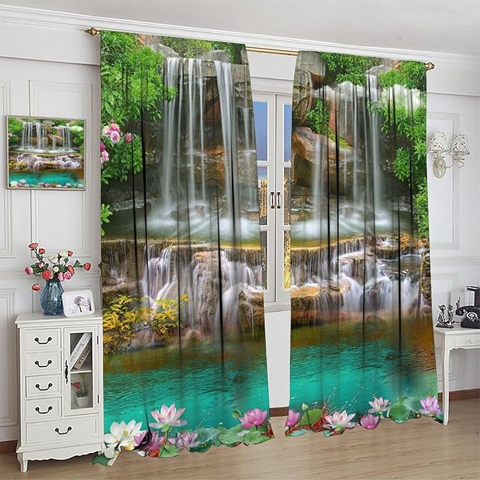 Waterfall Blackout Window Curtains, Rocky Waterfall to Pond Running Off Scenic Nature Themed Picture Print Window Drapes, for Living Room Bedroom 72x63in 2 Panels