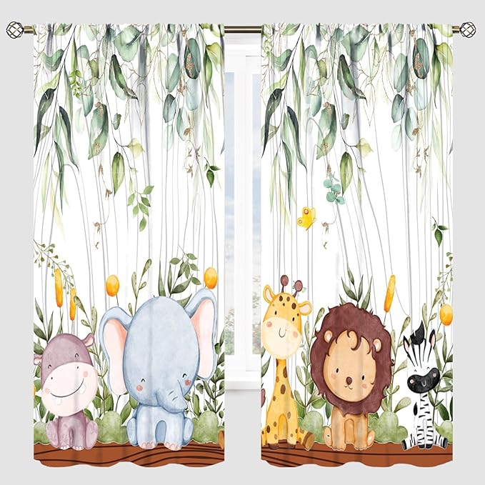 YCness Forest Animal Curtains, Watercolor Wild Animal Bear Fox Deer Kids Window Treatments for Living Room Bedroom, Green Woodland Tree Kids Drapes 2 Panel Sets,42x45 Inch