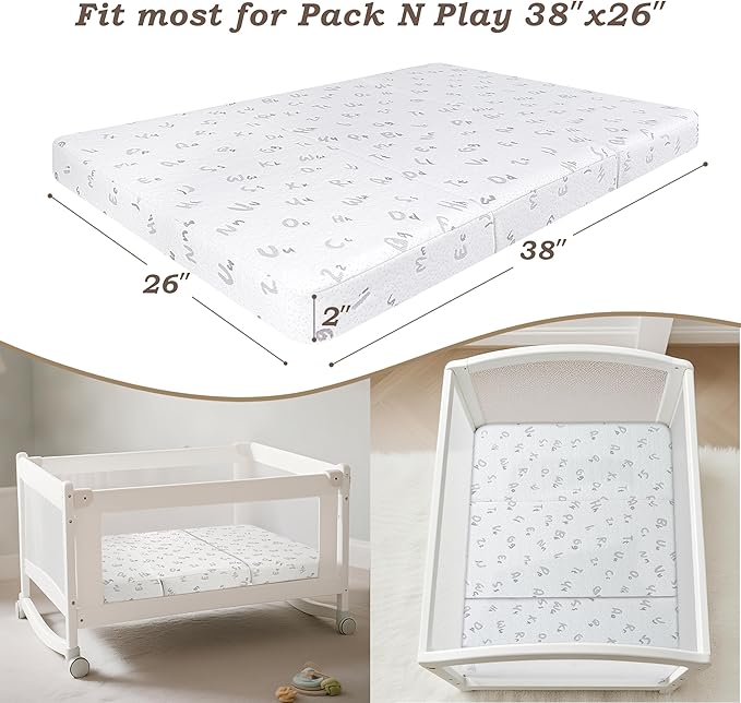 Trifold Pack and Play Mattress - 38"x26" Pack N Play Mattresses Pad with Breathable Removable Cover - Dual-Sided Memory Foam Foldable Portable Travel Baby Crib Mattress