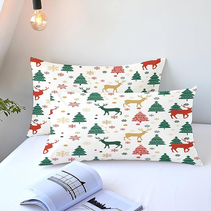 Christmas Duvet Cover Full Size Green Christmas Tree Bedding Set Kids Boys Girls Xmas Deer Pattern Comforter Cover 3 Pieces with Zipper Closure (No Comforter)