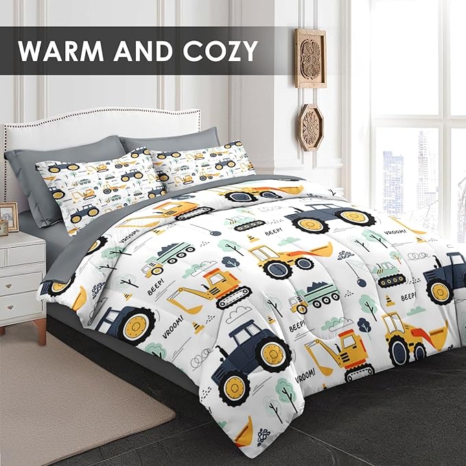 7 Pcs Queen Size Comforter Set with 2 Pillowcases & 2 Shams, Tractor Bedding for Kids and Adults, Construction Truck Bedding Set with Flat Fitted Sheet