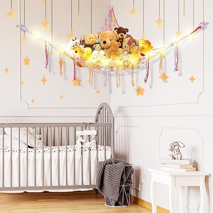 Stuffed Animal Hammock with LED Light, Large Stuffed Animals Storage Corner Plushie Net for Kids Room Decor, 2 Packs Rainbow