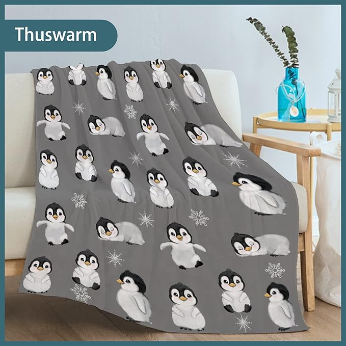Thuswarm Cute Penguin Grey Flannel Throw Blanket Gifts Warm Cozy Soft Funny Print Blankets for Summer Room Decoration Bed Couch Sofa 60”×50” Medium for Teen