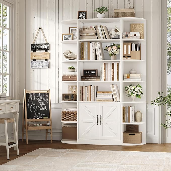 HOSTACK 75" Tall Book Shelf and Bookcase, 6 Tier Bookshelf with Storage, 47" Wide Bookcase with Doors, Freestanding Wood Display Shelves with Book Storage Cabinet for Home Office, Living Room, White