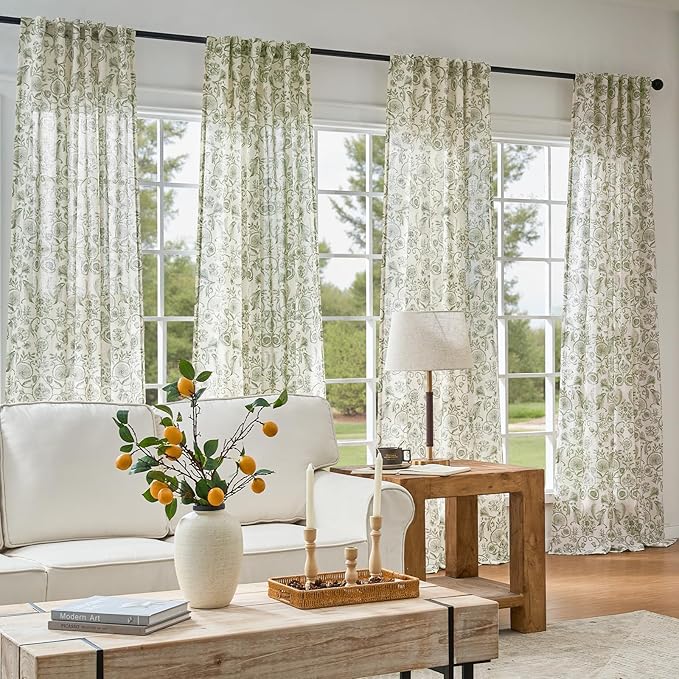 jinchan Linen Floral Curtains for Living Room with Printed Flower 84 Inches Long Light Filtering Farmhouse Window Treatment Vintage Drapes Back Tab Rod Pocket 2 Panels Green on Beige