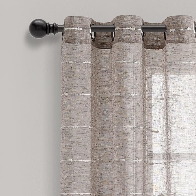 Lush Decor Farmhouse Textured Grommet Sheer Window Curtain Panel Pair, 38"W x 63"L, Brown