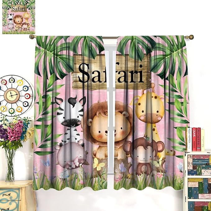 Kids Safari Animals Curtains, Cartoon Wildlife Tropical Leaf Pink Blackout Window Treatments, Rod Pocket Thermal Insulated Drapes 2 Panel Sets for Bedroom Nursery Classroom, 63" W X 63" L