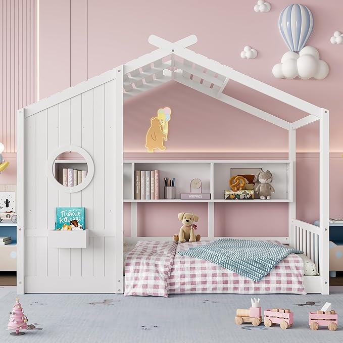 Twin Size House Bed with Storage Shelves for Kids,Kids Montessori Floor Bed, Cute Wood House Bed Frame Twin with Roof for Girls,Boys,Can be Decorated,White