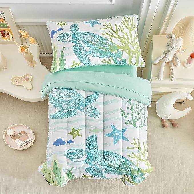 4 Pieces Sea Turtle Toddler Bedding Set for Boys Girls Teal Blue White Toddler Bed Set with Seaweed Starfish Soft Blue Cute Toddler Bed in a Bag with Sheet Set and Pillow Shams