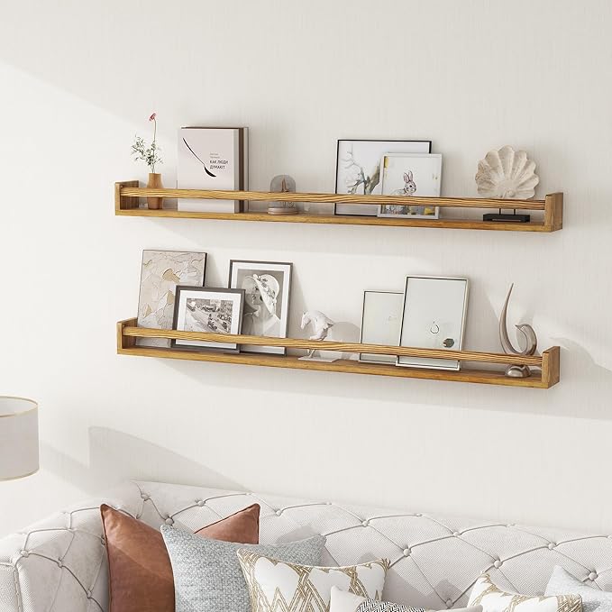Fun Memories Nursery Book Shelves - Rustic Natural Solid Wood Floating Bookshelf for Kids - Wall Book Shelves for Kids Room (Carbonized, 48inch - 2P)