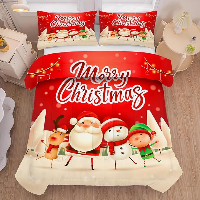 Christmas Bedding Sets Xmas Santa Gnomes Comforter Sets Full Size for Kids Boys Girls Bedroom Snowing Santa Claus Quilt,1 Comforter + 2 Pillow Cases
