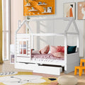 Full Size House Bed for Kids with 2 Storage Drawers, Full Playhouse Bed Frame with Roof and Window, Kids Full Size Bed Frames with Slats, Modern Wooden Montessori Bed for Bedroom, Full-White