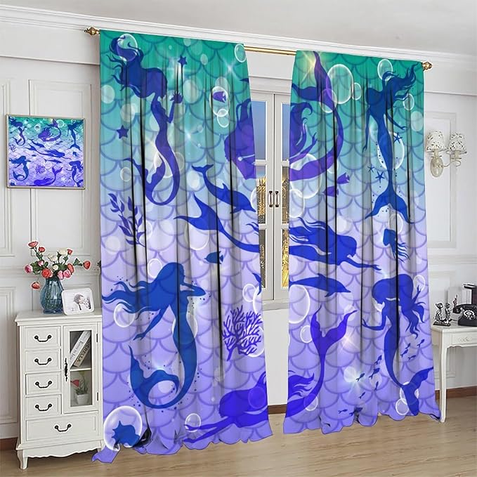 Mermaid Kids Girls Curtains Fantasy Mermaid Silhouette Ocean Theme Beautiful Blackout Window Treatment for Girls Bedroom Nursery Room Decor Rod Pocket Window Drapes 52" W X 84" L