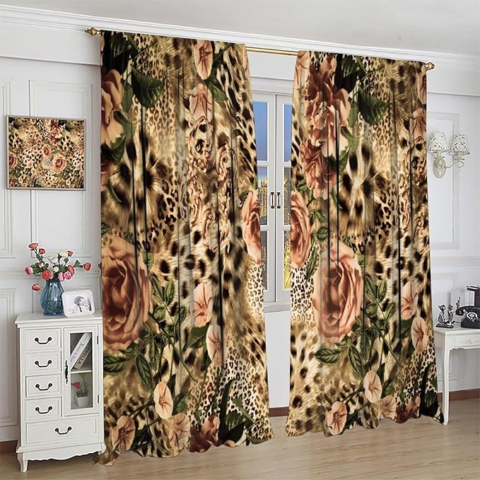 Leopard Floral Blackout Curtains, Cute Boho Floral Cheetah Animal Pattern Safari Natural Theme Window Treatments for Bedroom Living Room 42" W X 45" L