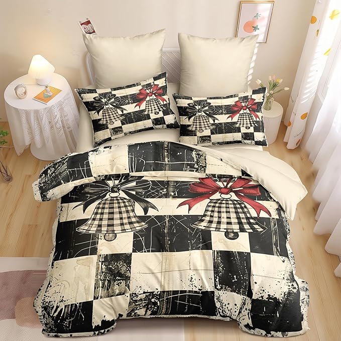 Christmas Duvet Cover Twin Size Retro Christmas Bell Gingham Bedding Set Kids Boys Girls Xmas Happy Holiday Checked Pattern Comforter Cover 2 Pcs with Zipper Closure (No Comforter)