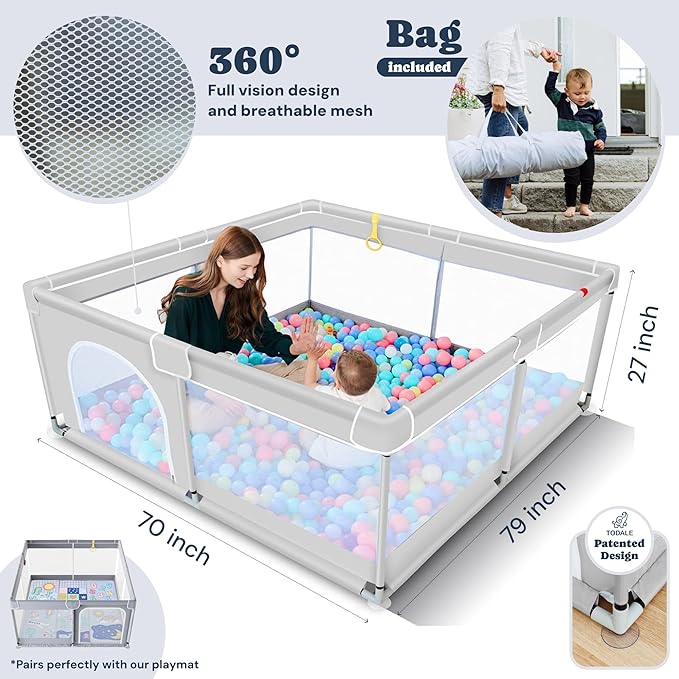 Todale Baby Playpen - 79 x 70 in, Gray - Foldable & Collapsible Playpen Yard with Mesh Panels & Safety Gate - Adjustable Extra Large Play Area for Babies & Toddlers