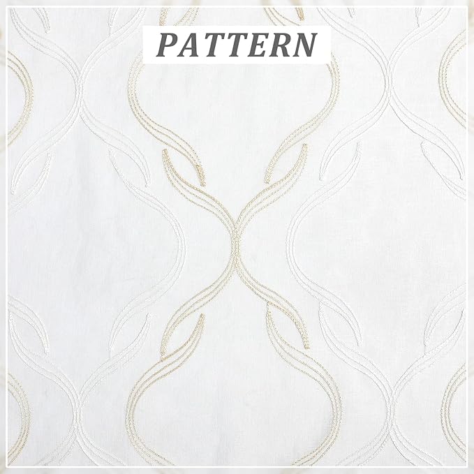 VISIONTEX Sheer Curtains 108 Inches Long 2 Panels Set, Beige and Ivory Two Tone Textured Moroccan Embroidery Geometric Rod Pocket Ivory Voile Tulle Semi Window Treatment Pair for Bedroom, W54 x L108