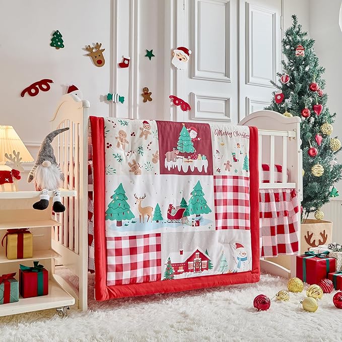 Christmas Crib Bedding Set 3 Pcs with Santa Snowman Red White Design, Quilted Comforter Fitted Sheet & Bed Skirt, Holiday Baby Crib Set