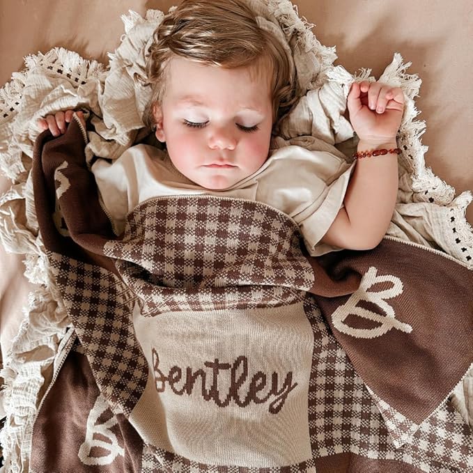 Personalized Signature Gingham Blanket – 100% Organic Cotton Customized Baby Blanket, Custom Name, Bassinet 30x40, Gift for Baby Shower, Birthday Present, Girls and Boys, Toddler Kids, Made In America