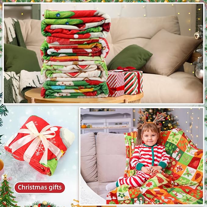 Buryeah 4 Pack Christmas Throw Blankets Bulk Snowmen, Hearts, Santa, Snowflakes, Xmas Tree Soft Cozy Christmas Plush Flannel Blanket for Sofa, Bed, Couch, Home Decor Xmas Supplies, 40 x 50 Inches