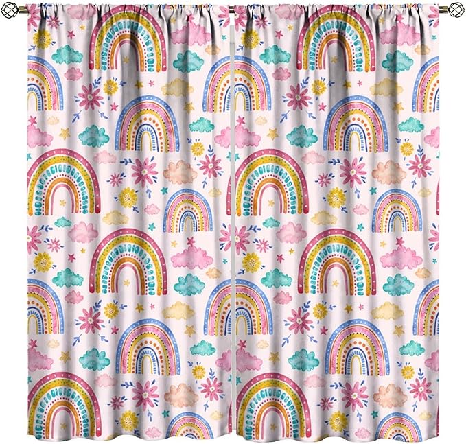 Kids Rainbow Curtains Boho Cartoon Colorful Stars Pink Lovely Rainbow Abstract Art Pattern Print Window Drapes for Bedroom Living Room Kitchen Decor,2 Panel Set,52x84 Inch Blackout