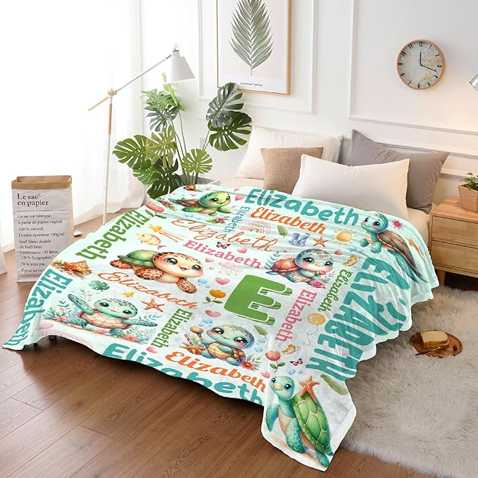 Personalized Custom Cute Turtle Blanket Gifts for Kids Boys Girls with Name - Customized Cute Turtle Super Soft Lightweight Flannel Sheets Decor for Crib Nap Couch - 60"x80" for Adult