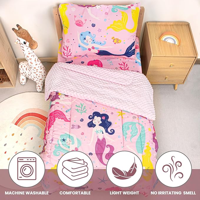 Toddler Bedding Set, Plush Minky Fabric Crib Bedding Set for Girls, Breathable and Soft Baby Crib Bedding Set, Includes Toddler Comforter, Flat Sheet, Fitted Sheet and Pillowcase for Girls (Mermaid)