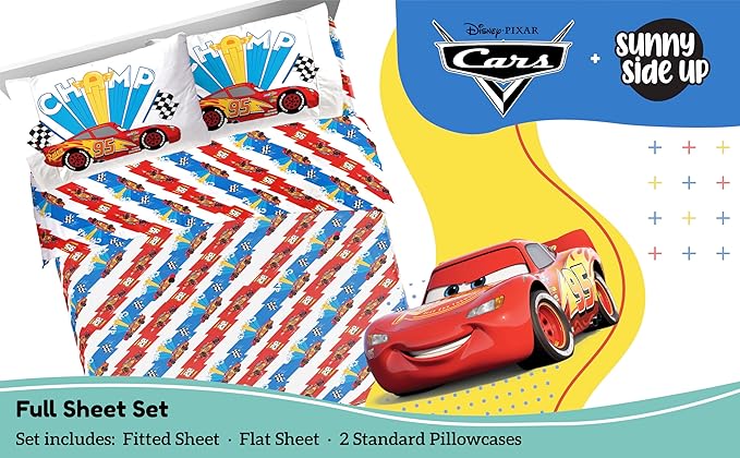 Sunny Side Up Disney Pixar Cars Lightning McQueen Full Sheet Set - 4 Piece Kids Racecar Bedding Set Includes Pillow Cover - Super Soft Microfiber Sheets