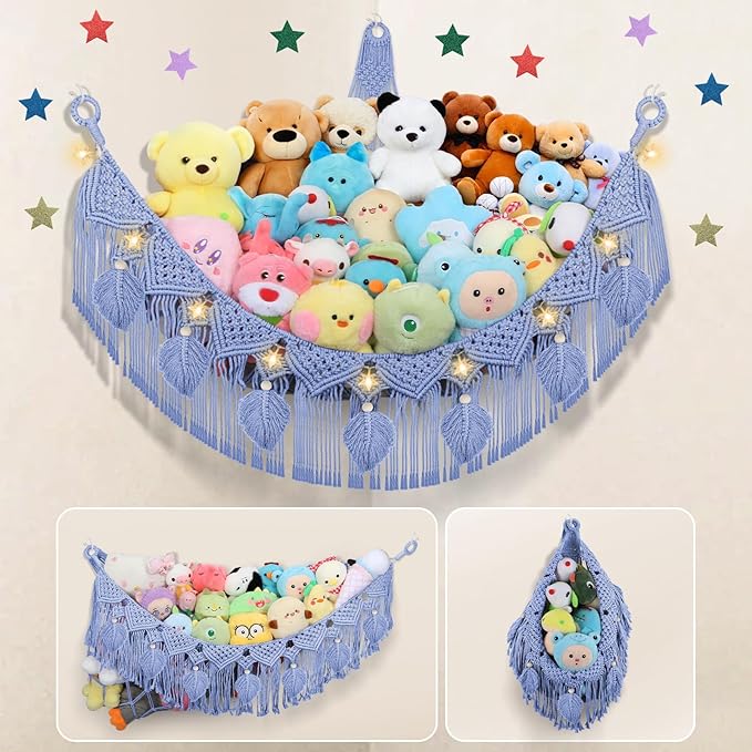 Stuffed Animal Hammock Corner, 56'' Jumbo Boho Macrame Leaf Wall Hanging Toy Hammock Net Organizer for Stuffy Plushie, Cornflower Blue Stuffed Animal Net w/Star Light for Kid Girls Boys Gift