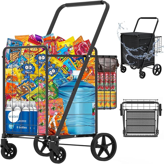 Heavy Duty Folding Shopping Cart for Groceries, Jumbo Grocery Carts with 360° Swivel Wheels, Waterproof Bag, Portable Utility Trolley for Daily, Laundry, Holds Up to 320 LBS