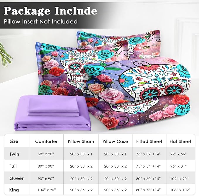 7 Pcs Full Size Comforter Set with 2 Pillowcases & 2 Shams, Sugar Galaxy Bedding for Kids and Adults, Vintage Skeleton Flower Bed in a Bag with Flat Fitted Sheet