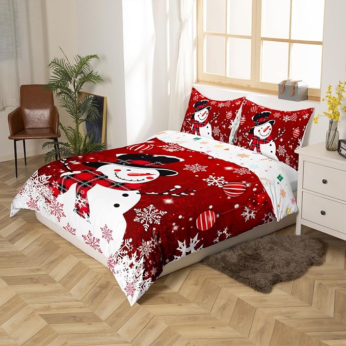 Manfei Snowman Duvet Cover Set Twin Size, Snowflake Balloon Xmas Decor Comforter Cover with 1 Pillowcase, Christmas Red Bedding Set 2pcs for Kids Boy Girls Lightweight Bedspread Cover,No Comforter