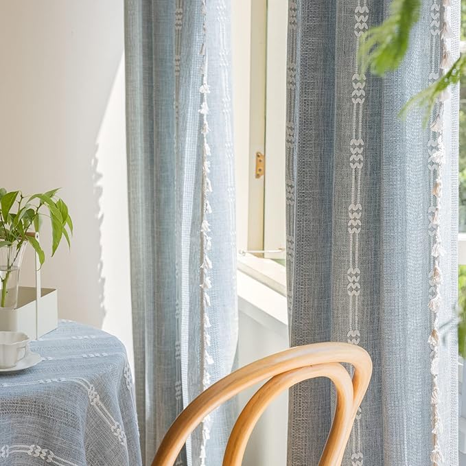 ENJOYBRIDAL Boho Curtains 63 Inch Length 2 Panels Semi Sheer Blue Grey Drapes Embroidered Tassel Rod Pocket Short Hollow Out Window Curtain Panels Farmhouse Window Treatment for Bedroom Living Room