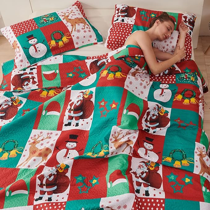 Rustic Plaid Patchwork Christmas Twin Size Bedding Set - Lightweight Reversible Bedspread & Quilt - Cabin Home Decor