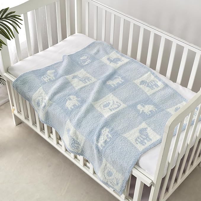 CREVENT 2Pcs 30''X40'' Cute Cozy Fluffy Warm Baby Blankets for Infants Toddlers' Bedding Crib Cot Stroller - Grey Cloud + Knit Animal Blue