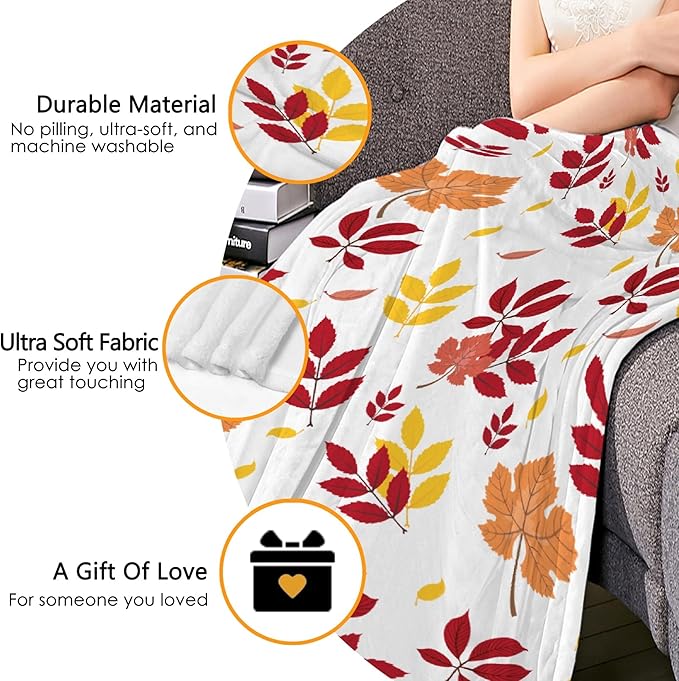 Thuswarm Autumn Colorful Pecan Leaf Flannel Blanket for Autumn Winter Gifts Warm Cozy Soft Funny Print Throw for Bed Couch Sofa 60”×50” Medium for Teen