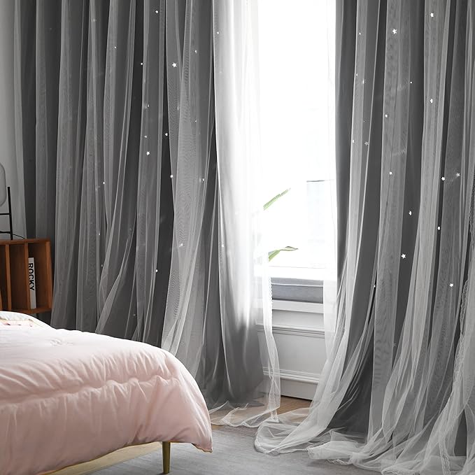 Kinryb Kids Blackout Curtains for Bedroom/Living Room/Classroom, Sheer Overlay 2 Panel Set, Double Layer Curtains with Star Cutout for Kids Room(Each Piece W 70 x L 84 Inches 2 Pcs Grey)