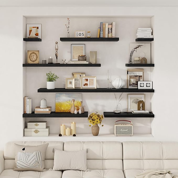 Fun Memories Deep Floating Shelves, 32W x 12D Black Wall Shelves, 32 Long Rustic Wood Wide Storage Shelves for Bedroom, Kitchen, Farmhouse, Laundry Room, Bedroom, Kitchen, Home Office- Set of 3