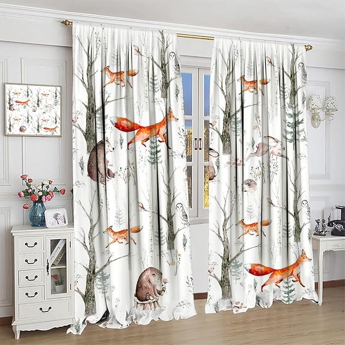 Rustic Forest Window Curtains, Watercolor Woodland Animals Owl Hedgehog Fox Butterfly Forest Squirrel and Bear Blackout Windows Door Curtain for Bedroom Living Room Home Decor 72x63in