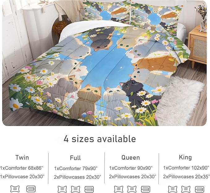 Cats Comforter Set Queen: Kawaii Floral Cat Bedding Set Daisy Kitten Blue Sky Quilts Cartoon Flowers Feline Cute Pets Bed Sets for Women Girls Tween Adults 3 Piece
