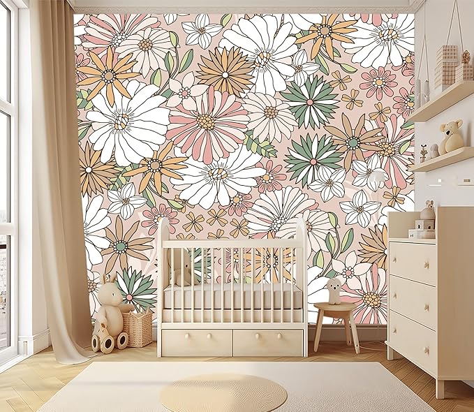 XMPMBM-Cartoon Floral Sunflower Nursery Room Fabric Wallpaper Simple Hand-Painted Kids Gaming Room Wall Mural-W 154" X H 105"（112 Square Foot）
